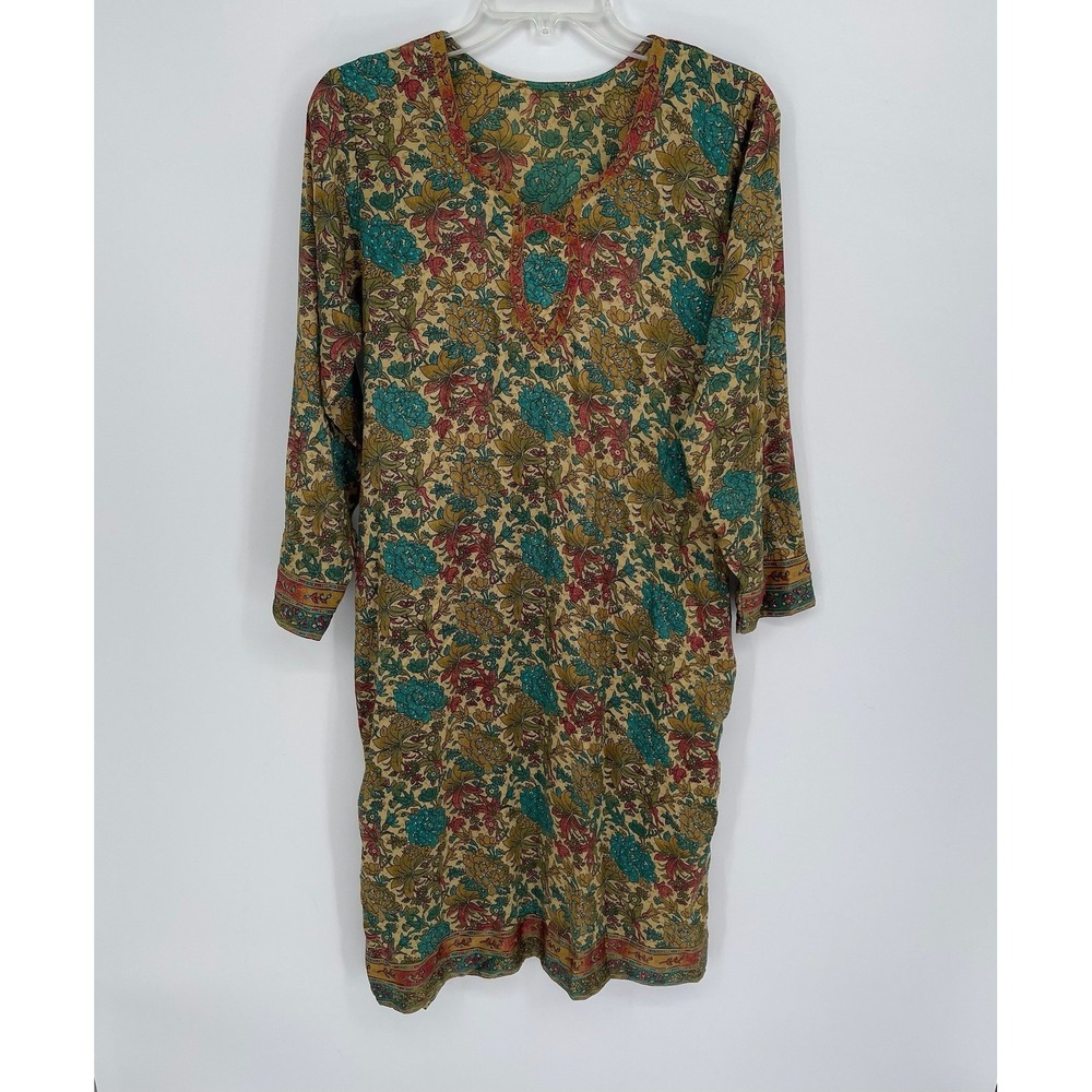 Women's Multicolor Floral Sequin Embellished 3/4 Sleeve Kurta Tunic Dress Size M